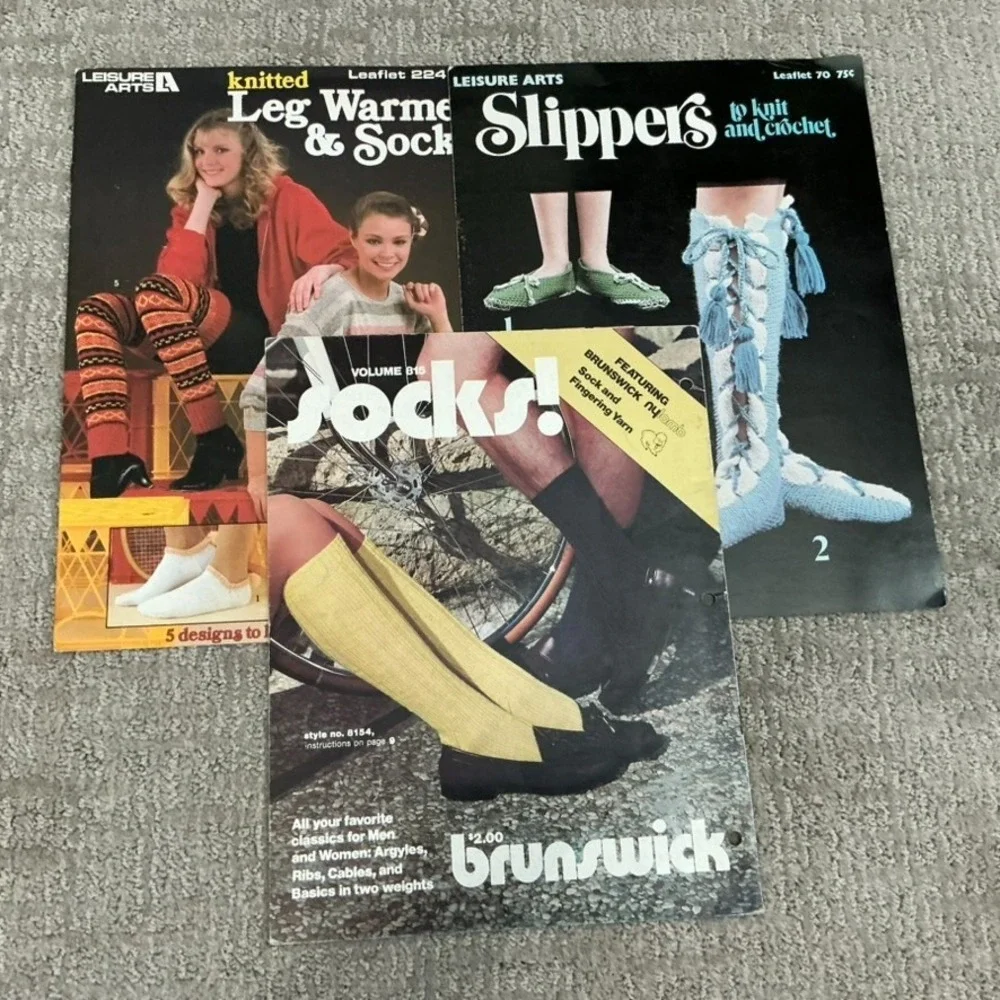 Lot 3 Vintage Knitting Crochet Pattern Books Retro Socks Slippers Leg Warmers